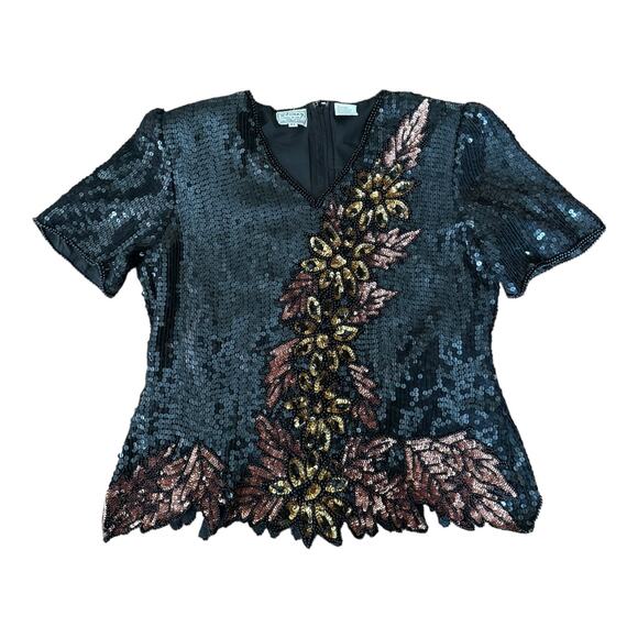 Vintage Stenay Sequenced Silk Black rose gold short sleeved formal top size XL - Picture 14 of 15